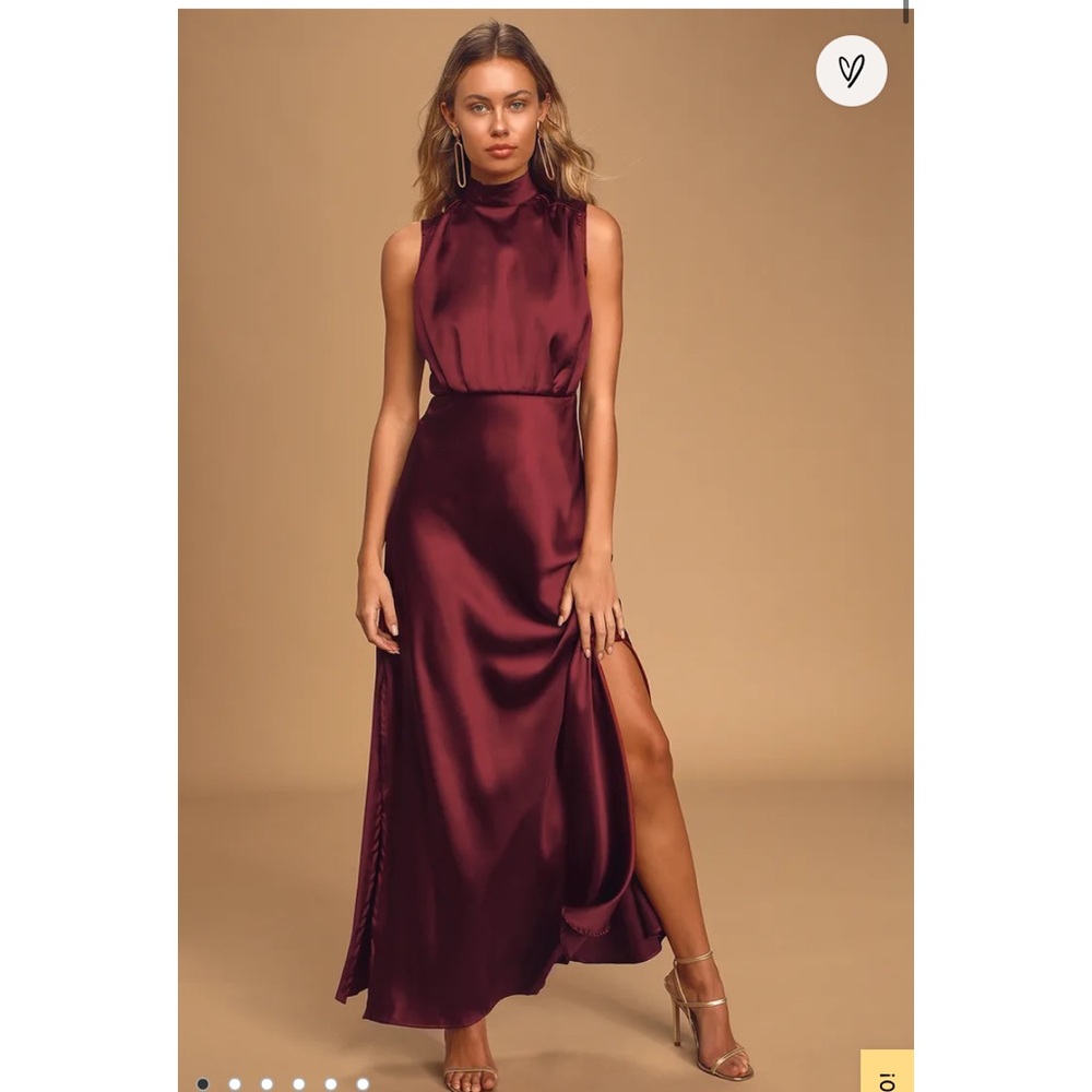 Classic Elegance Wine Satin Sleeveless Mock Neck Maxi Dress- Like New